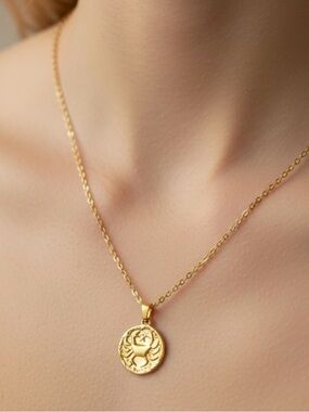 Gold Tone Zodiac Pendant Necklace – Delicate Cancer Coin Charm NEW